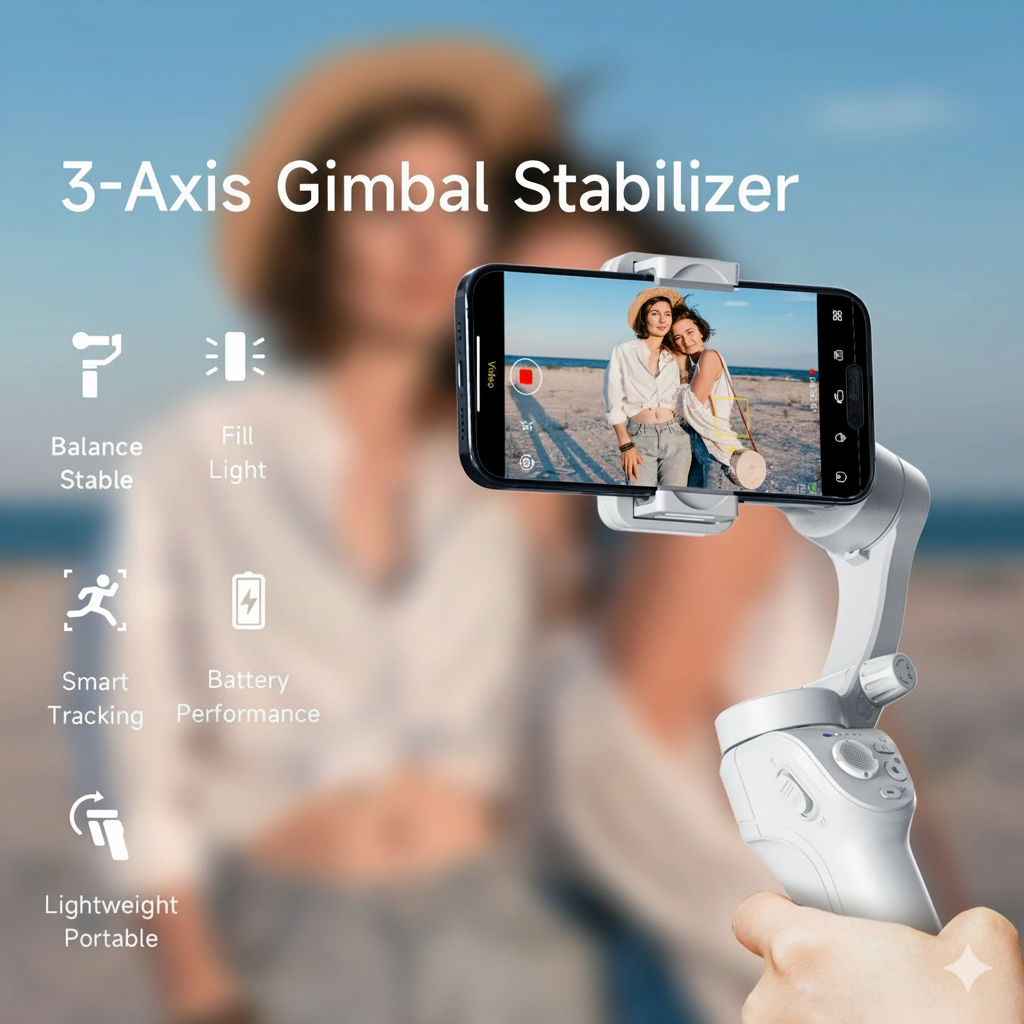 NNETM 3-Axis Selfie Stick Stabilizer with LED Light & Face Tracking
