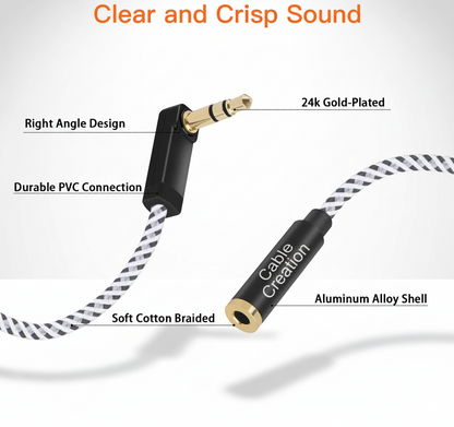 Stereo Audio Extension Cable 3.5mm Male to Female 15Ft/4.5M – Right Angle, Nylon Braided